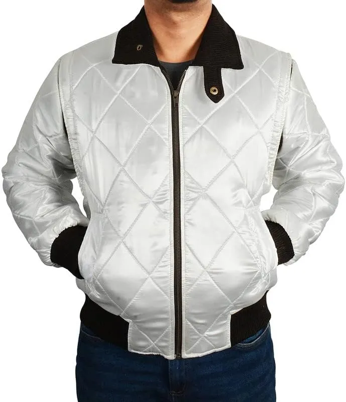 SpazeUp Mens White Quilted Satin Bomber Jacket - Reversible Scorpio Logo Bomber Jackets for Men