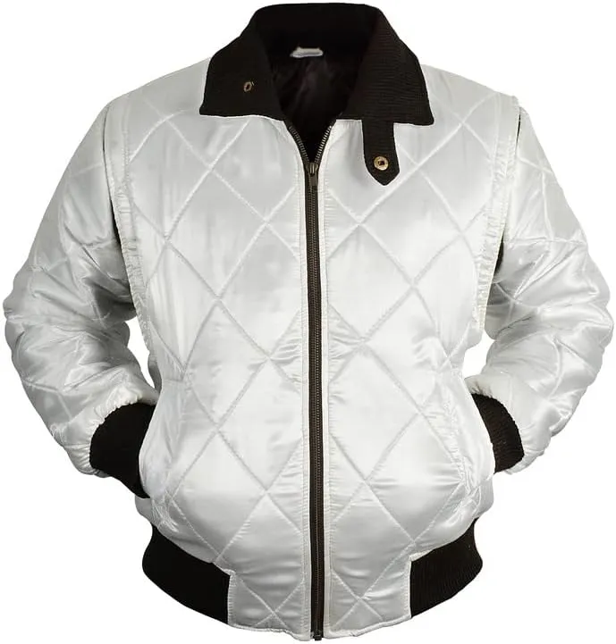 SpazeUp Mens White Quilted Satin Bomber Jacket - Reversible Scorpio Logo Bomber Jackets for Men