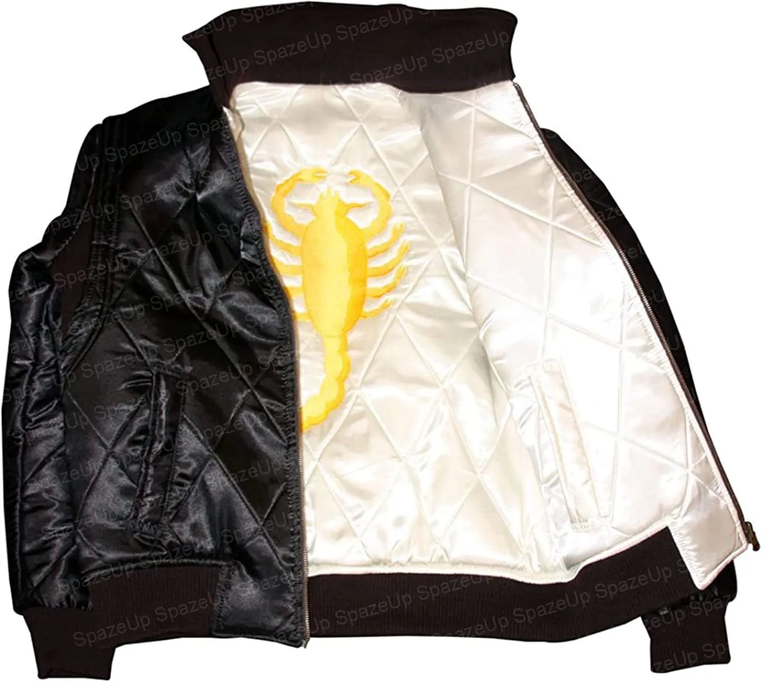 SpazeUp Mens White Quilted Satin Bomber Jacket - Reversible Scorpio Logo Bomber Jackets for Men
