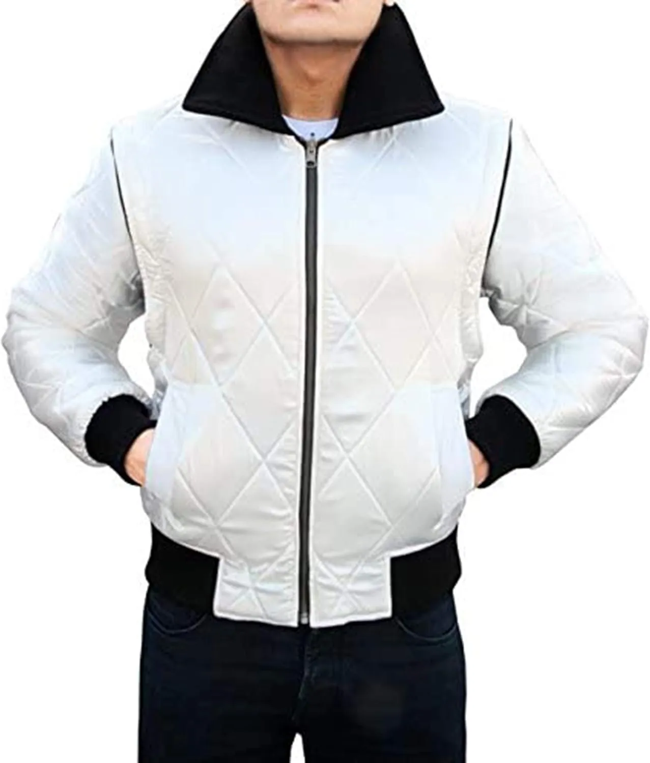 SpazeUp Mens White Quilted Satin Bomber Jacket - Reversible Scorpio Logo Bomber Jackets for Men