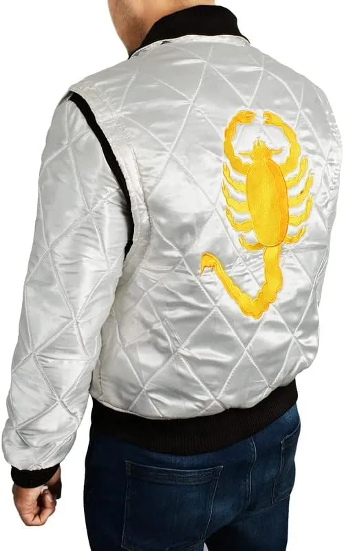 SpazeUp Mens White Quilted Satin Bomber Jacket - Reversible Scorpio Logo Bomber Jackets for Men