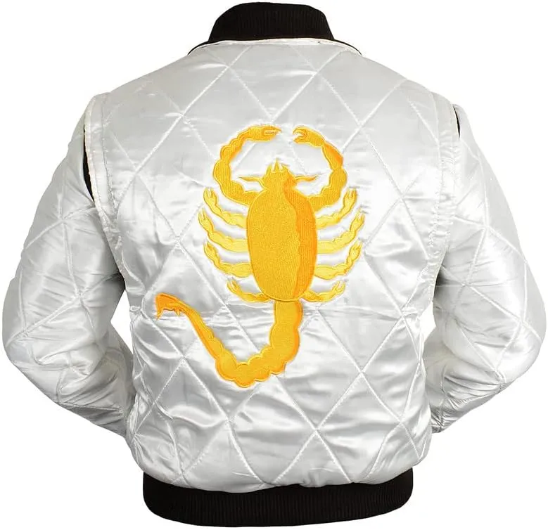 SpazeUp Mens White Quilted Satin Bomber Jacket - Reversible Scorpio Logo Bomber Jackets for Men