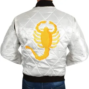 SpazeUp Mens White Quilted Satin Bomber Jacket - Reversible Scorpio Logo Bomber Jackets for Men