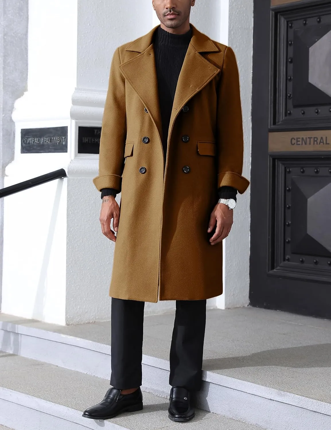 Springrain Men's Pea Coat Double Breasted Overcoat Lapel Coat Classic Long Trench Coat