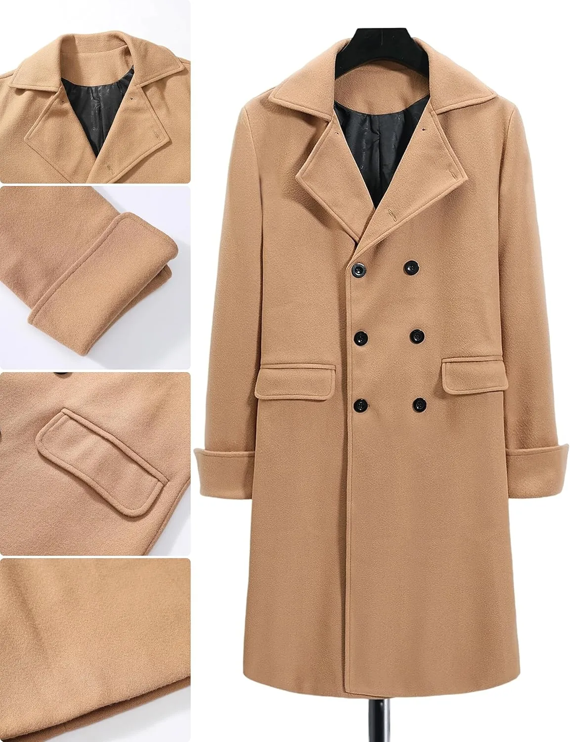 Springrain Men's Pea Coat Double Breasted Overcoat Lapel Coat Classic Long Trench Coat