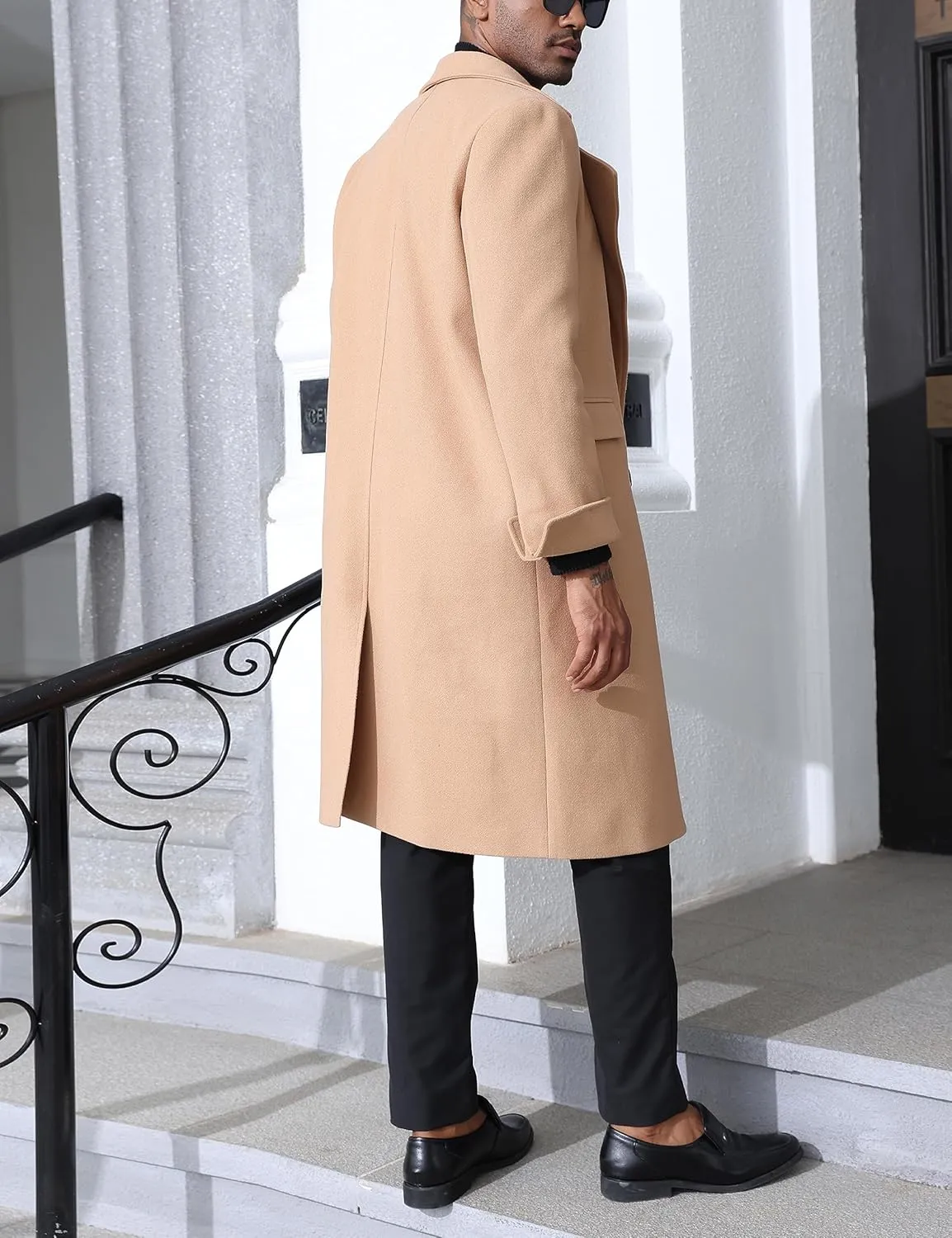 Springrain Men's Pea Coat Double Breasted Overcoat Lapel Coat Classic Long Trench Coat