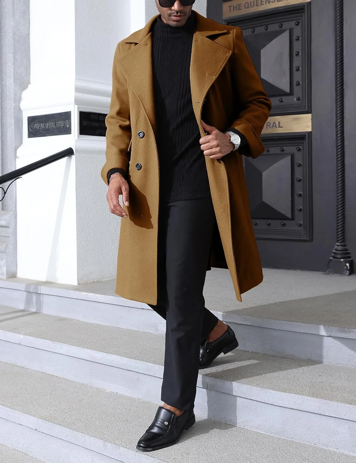 Springrain Men's Pea Coat Double Breasted Overcoat Lapel Coat Classic Long Trench Coat