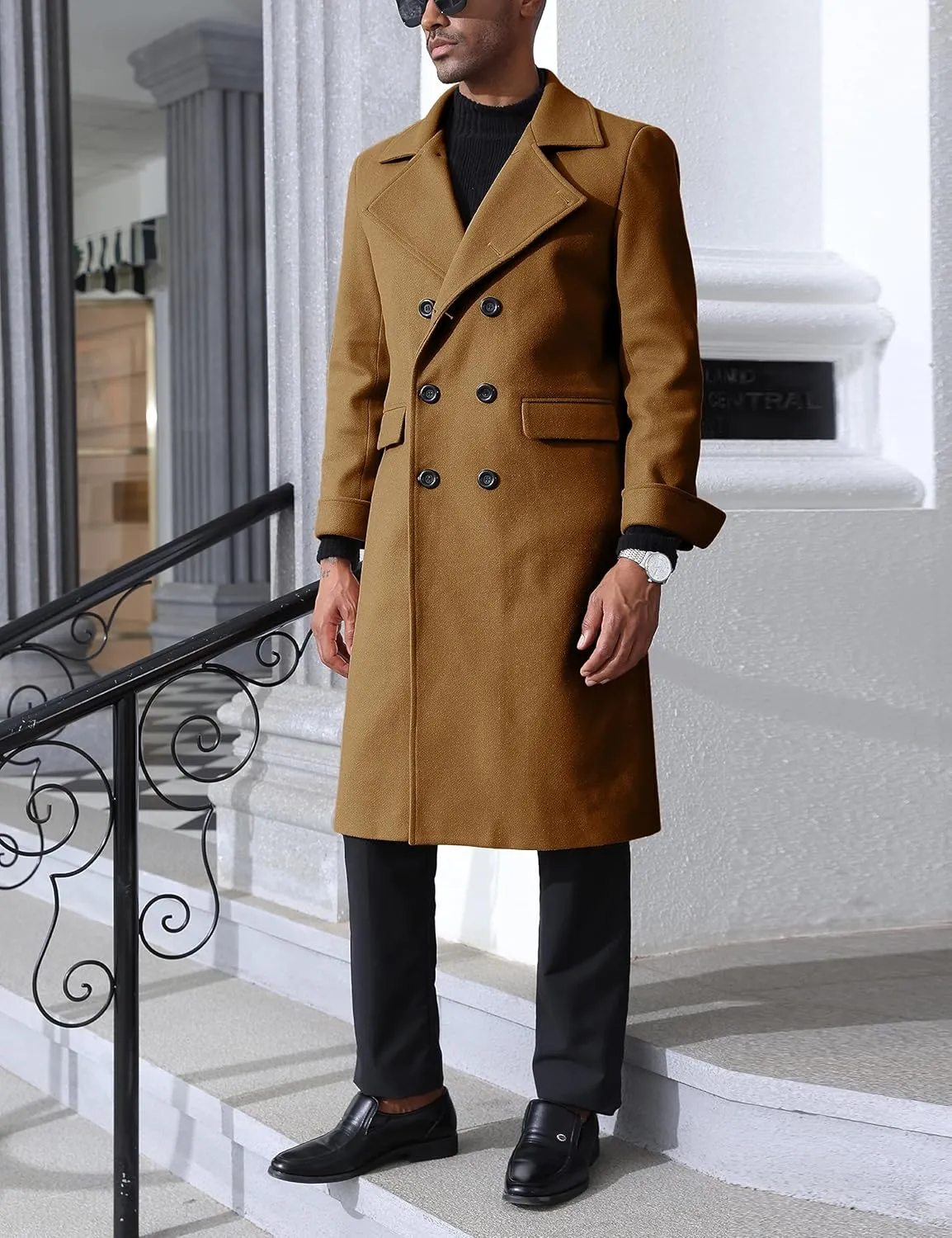Springrain Men's Pea Coat Double Breasted Overcoat Lapel Coat Classic Long Trench Coat