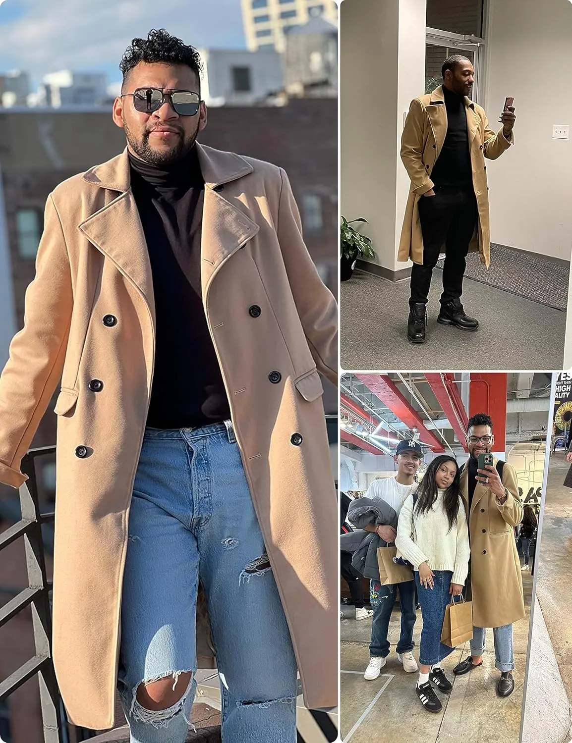Springrain Men's Pea Coat Double Breasted Overcoat Lapel Coat Classic Long Trench Coat