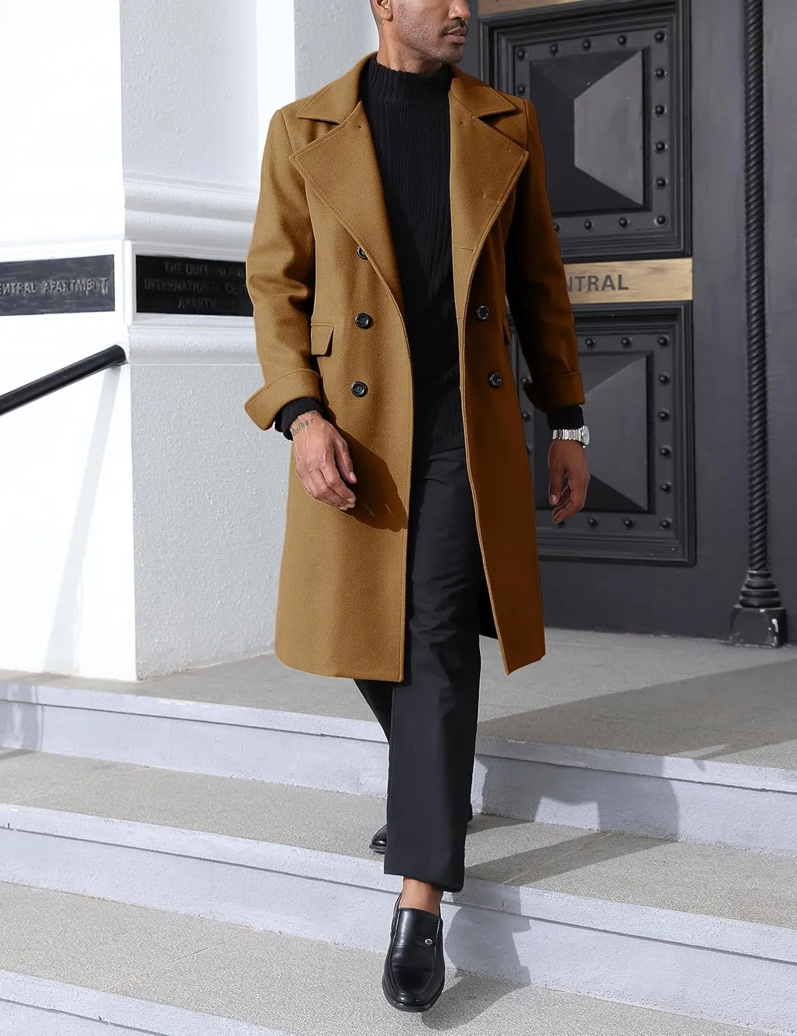 Springrain Men's Pea Coat Double Breasted Overcoat Lapel Coat Classic Long Trench Coat