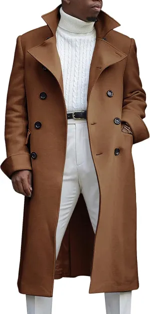 Springrain Men's Pea Coat Double Breasted Overcoat Lapel Coat Classic Long Trench Coat