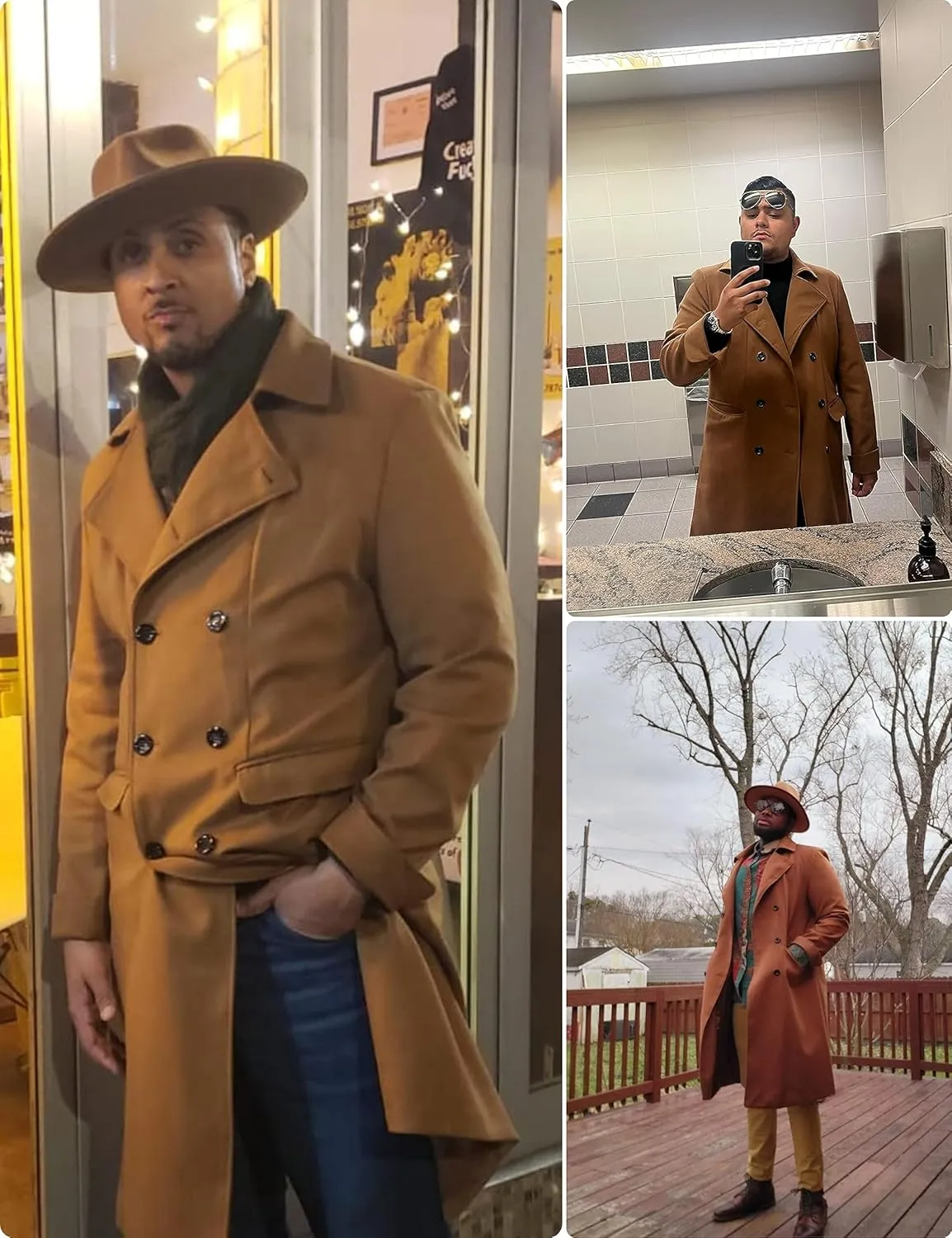 Springrain Men's Pea Coat Double Breasted Overcoat Lapel Coat Classic Long Trench Coat