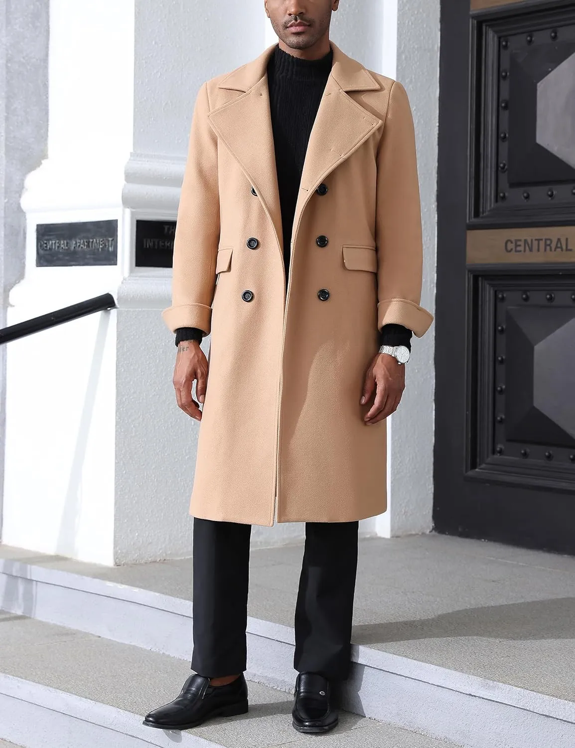 Springrain Men's Pea Coat Double Breasted Overcoat Lapel Coat Classic Long Trench Coat