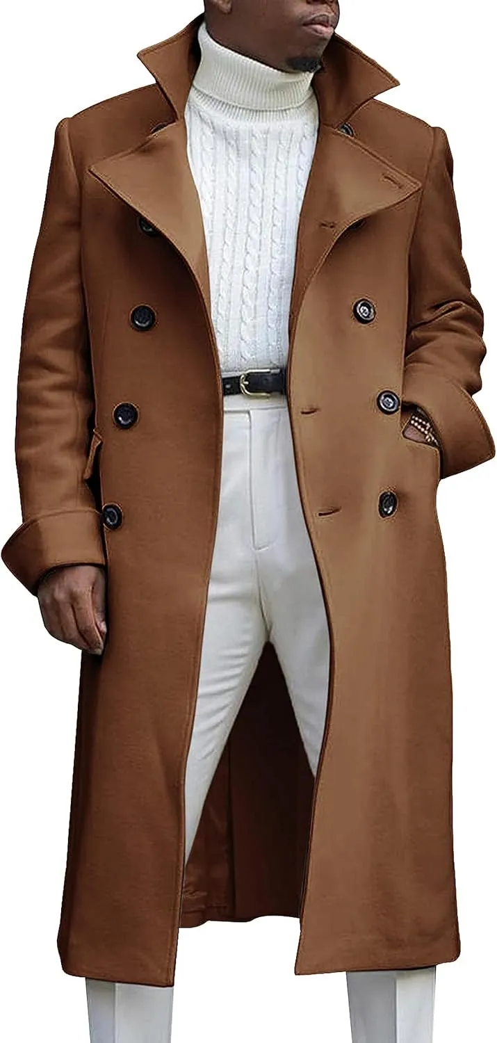 Springrain Men's Pea Coat Double Breasted Overcoat Lapel Coat Classic Long Trench Coat