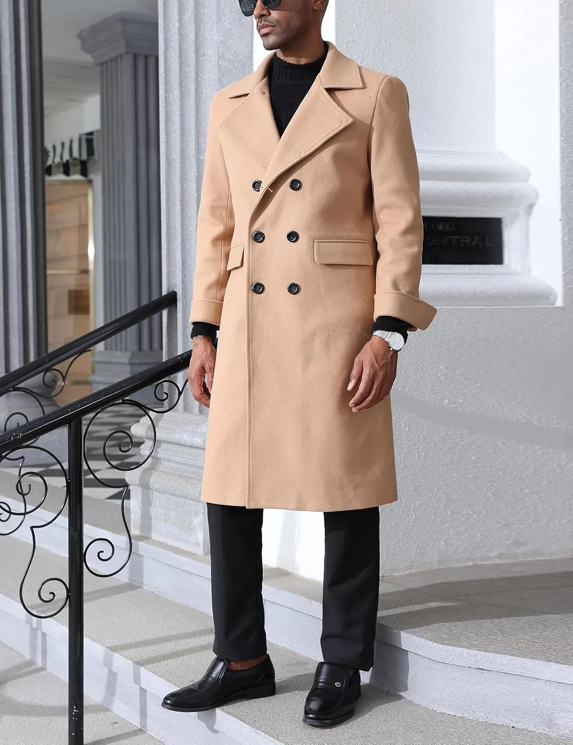 Springrain Men's Pea Coat Double Breasted Overcoat Lapel Coat Classic Long Trench Coat