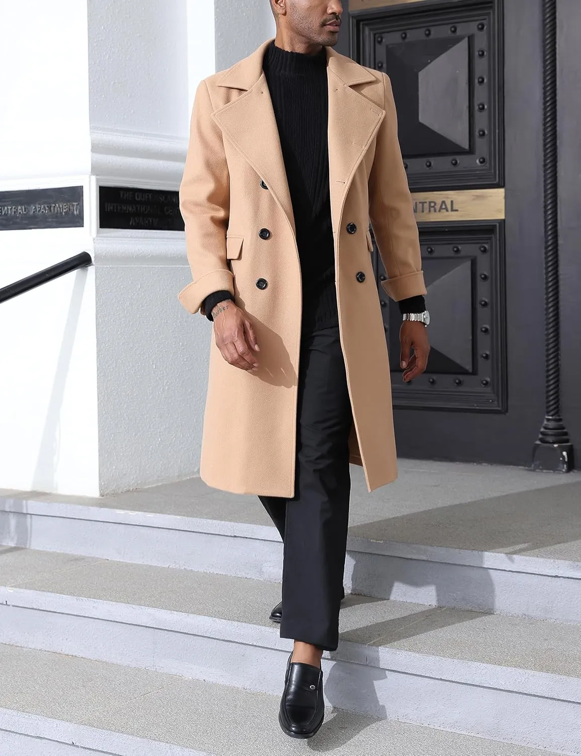 Springrain Men's Pea Coat Double Breasted Overcoat Lapel Coat Classic Long Trench Coat