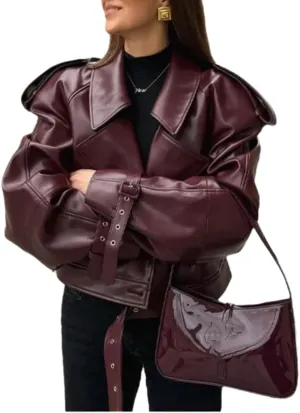 THLAI Womens PU Leather Jacket Long Sleeve Retro Collar Motorcycle Jacket Casual Coat
