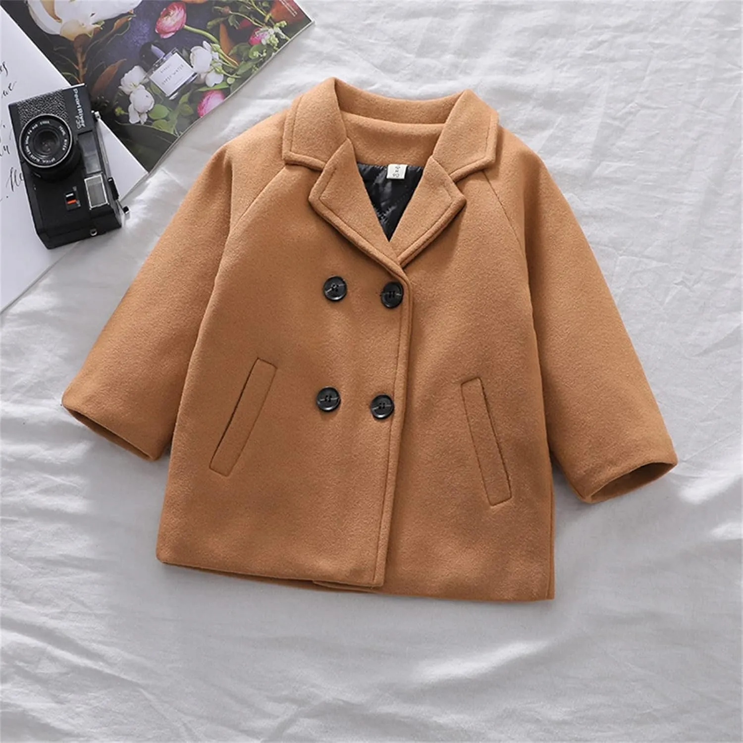 Toddler Kids Plaid Coat Elegant Notched Collar Double Breasted Wool Blend Over Pea Coat Baby Boys Girls Trench Coat Jacket