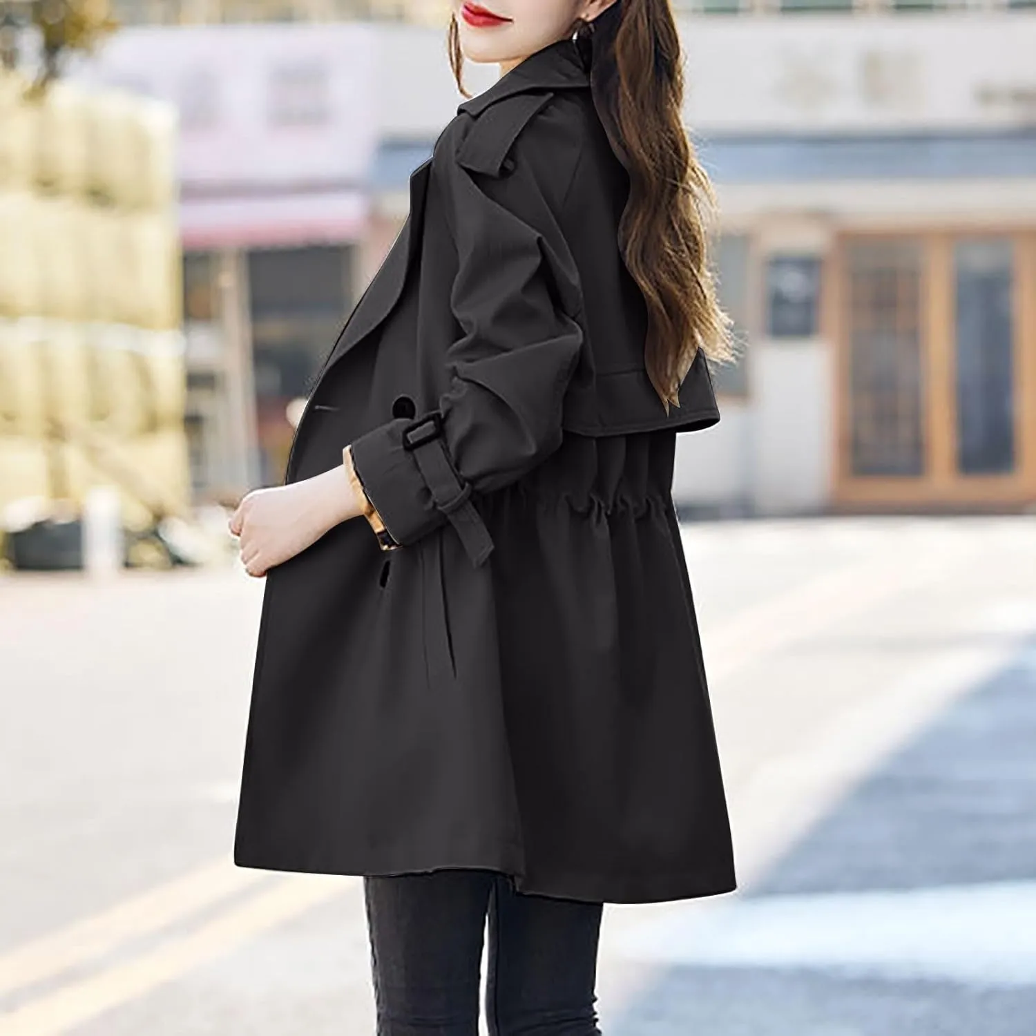 Trench Coat for Women 2024 Fall Classic Notch Lapel Double Breasted Pea Coats Midi Long Trench Coat Overcoat