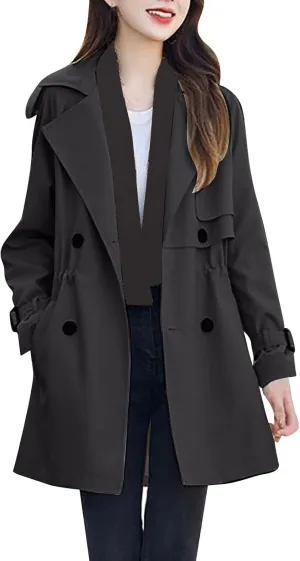 Trench Coat for Women 2024 Fall Classic Notch Lapel Double Breasted Pea Coats Midi Long Trench Coat Overcoat