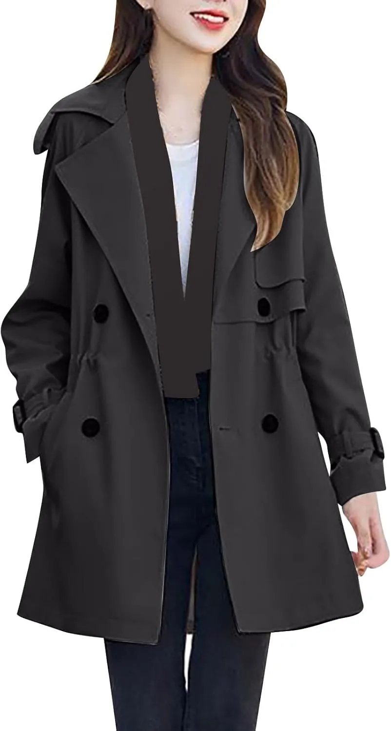 Trench Coat for Women 2024 Fall Classic Notch Lapel Double Breasted Pea Coats Midi Long Trench Coat Overcoat