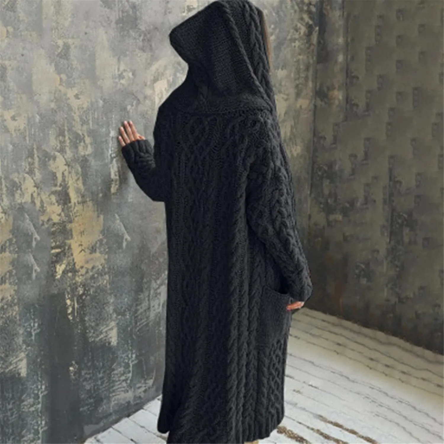 Trench Coat for Women Knitted Front Fashion Loose Elegant Warm Sweater Pocket Single Breasted Long Sleeve Women's