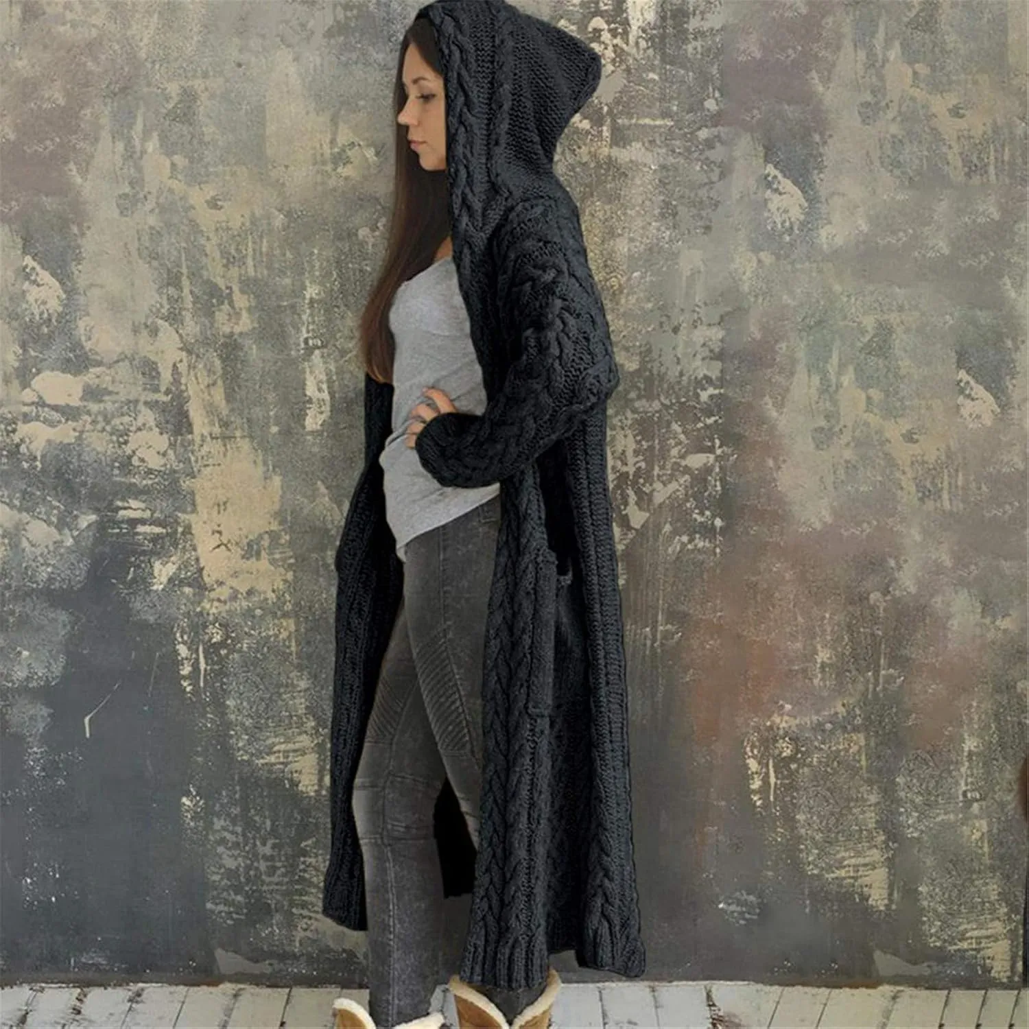 Trench Coat for Women Knitted Front Fashion Loose Elegant Warm Sweater Pocket Single Breasted Long Sleeve Women's