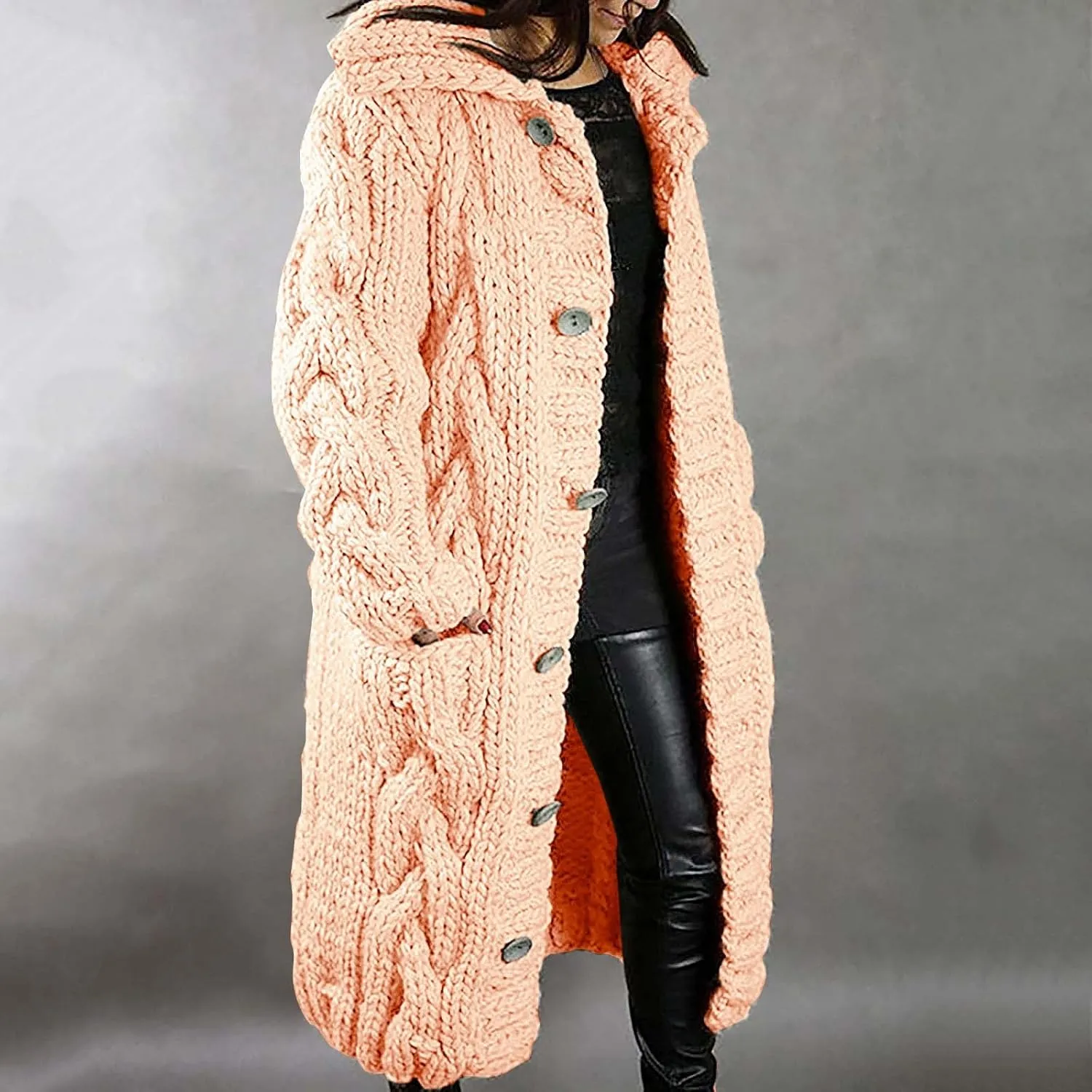 Trench Coat for Women Knitted Front Fashion Loose Elegant Warm Sweater Pocket Single Breasted Long Sleeve Women's