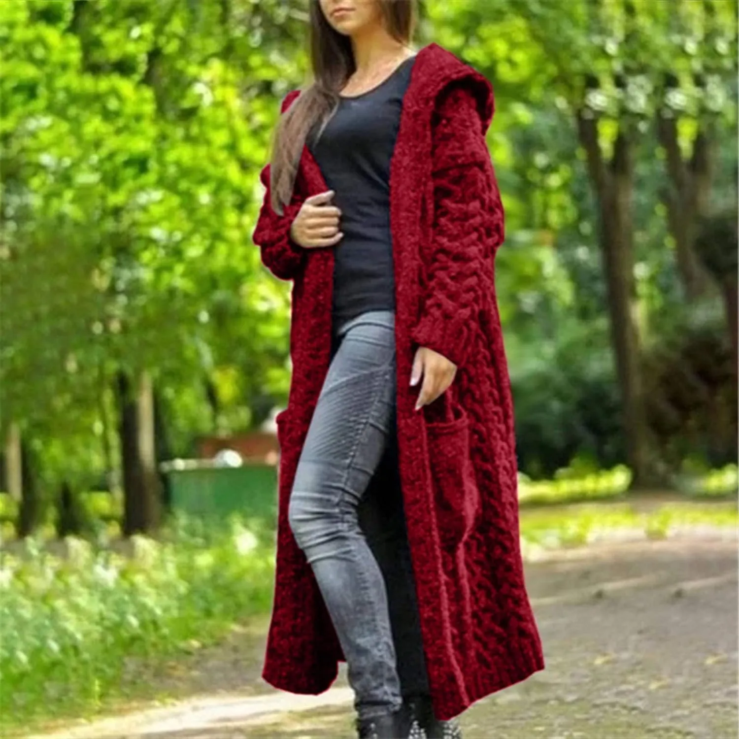 Trench Coat for Women Knitted Front Fashion Loose Elegant Warm Sweater Pocket Single Breasted Long Sleeve Women's