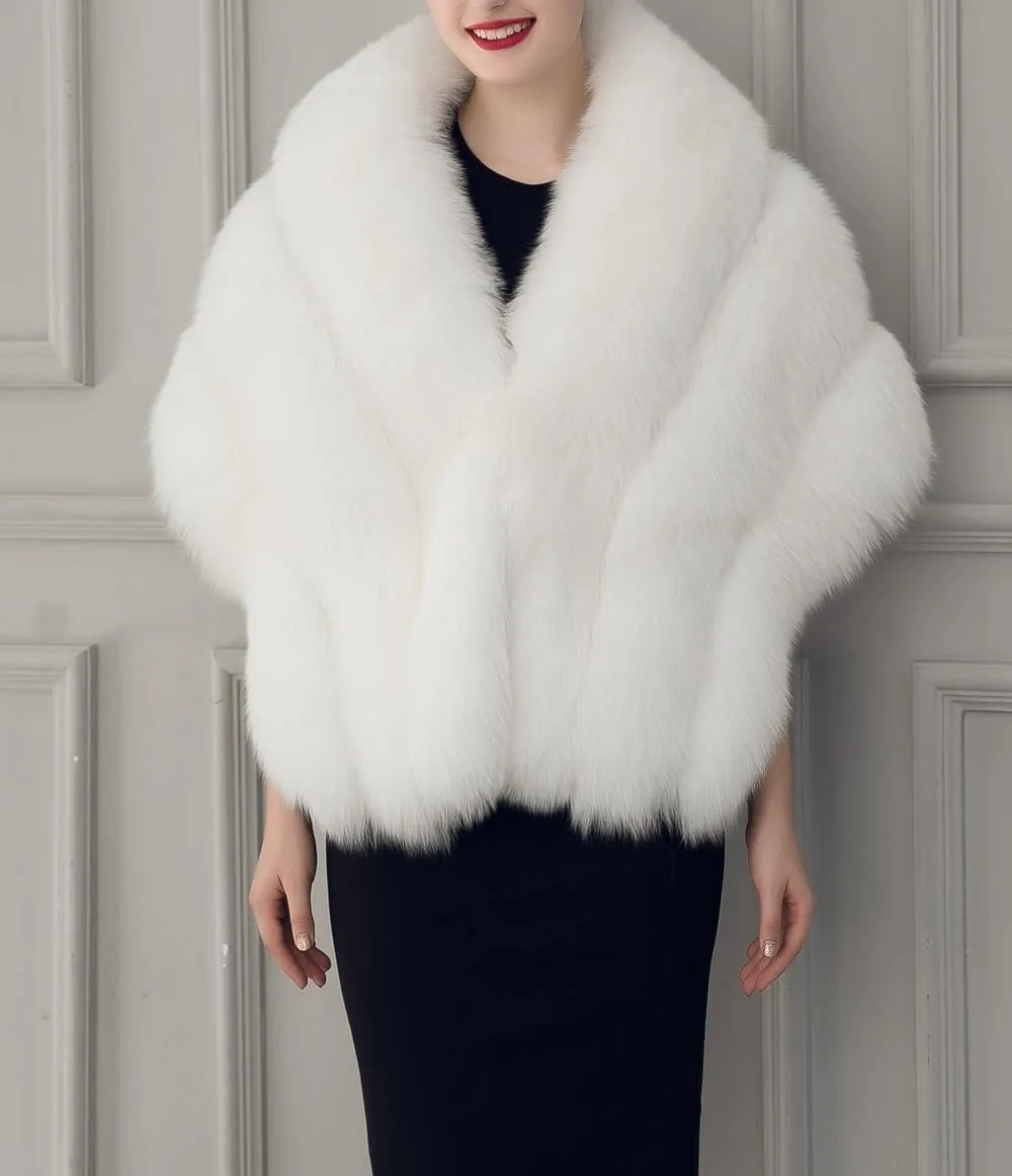 UMREN Women's Luxury Party Faux Fox Fur Long Shawl Cloak Cape for Winter