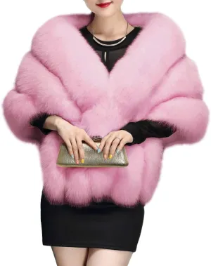 UMREN Women's Luxury Party Faux Fox Fur Long Shawl Cloak Cape for Winter