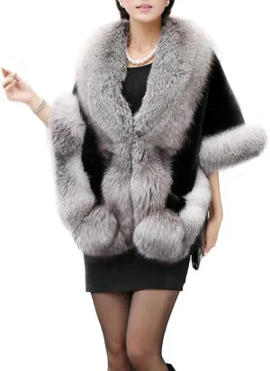 UMREN Women's Luxury Party Faux Fox Fur Long Shawl Cloak Cape for Winter