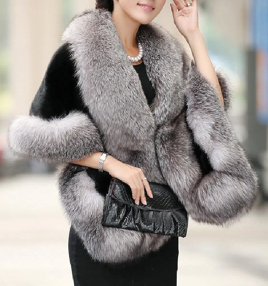 UMREN Women's Luxury Party Faux Fox Fur Long Shawl Cloak Cape for Winter