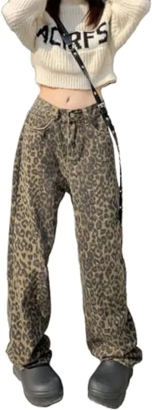 Unisex Y2k Baggy Jeans Leopard Print Jeans for Women Men Aesthetic Pants Vintage Oversize Denim Pants Cargo Pants