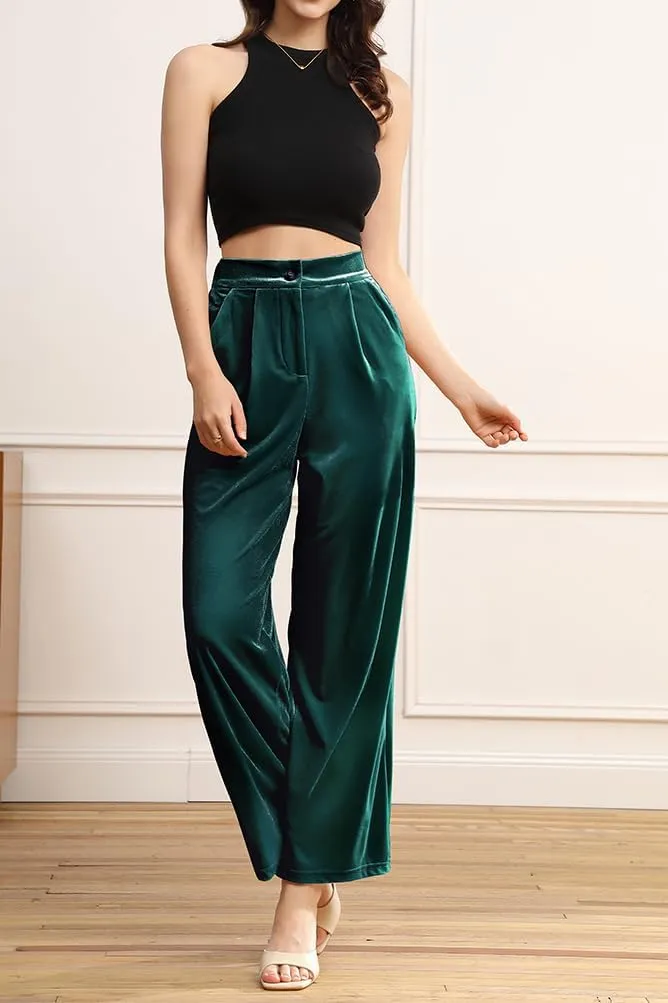 Velius Women's Sexy Velvet Sparkly Wide Leg Pants Trousers Clubwear with Pockets