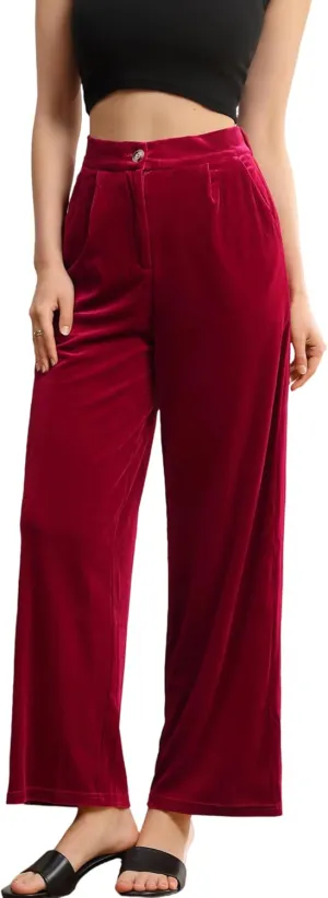 Velius Women's Sexy Velvet Sparkly Wide Leg Pants Trousers Clubwear with Pockets