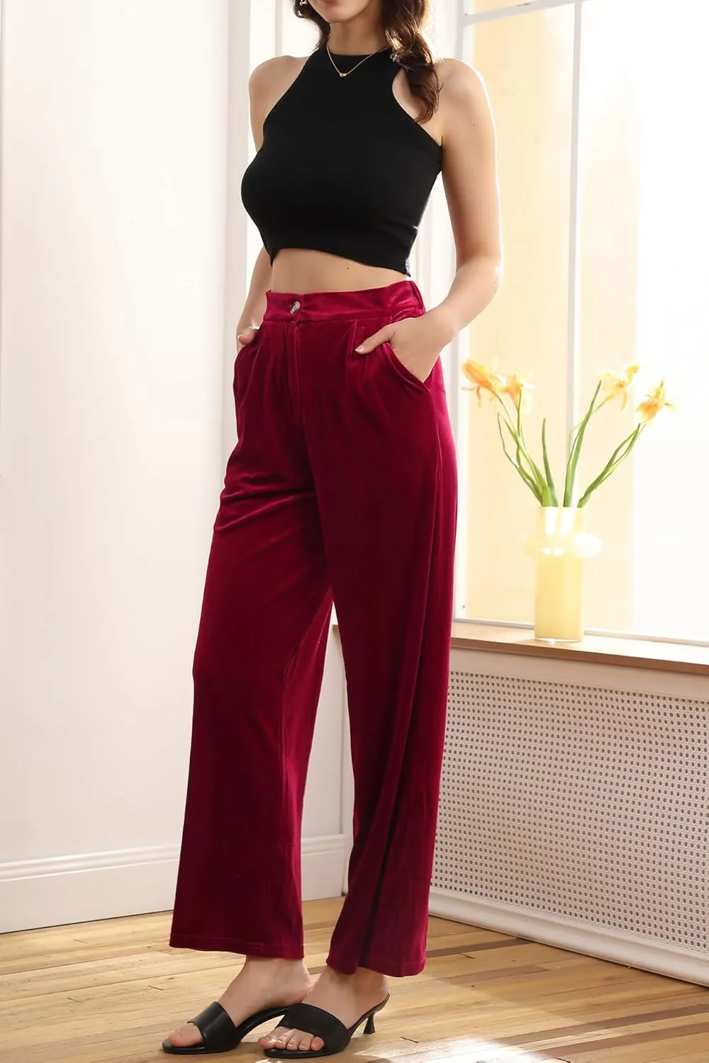 Velius Women's Sexy Velvet Sparkly Wide Leg Pants Trousers Clubwear with Pockets