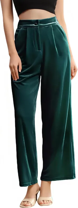 Velius Women's Sexy Velvet Sparkly Wide Leg Pants Trousers Clubwear with Pockets