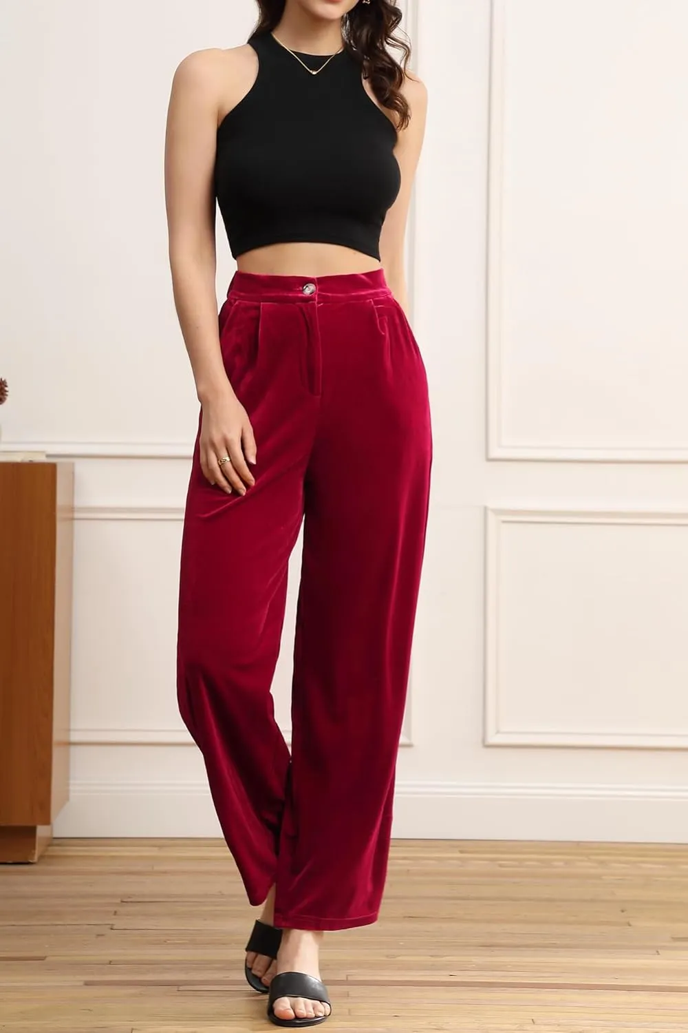 Velius Women's Sexy Velvet Sparkly Wide Leg Pants Trousers Clubwear with Pockets