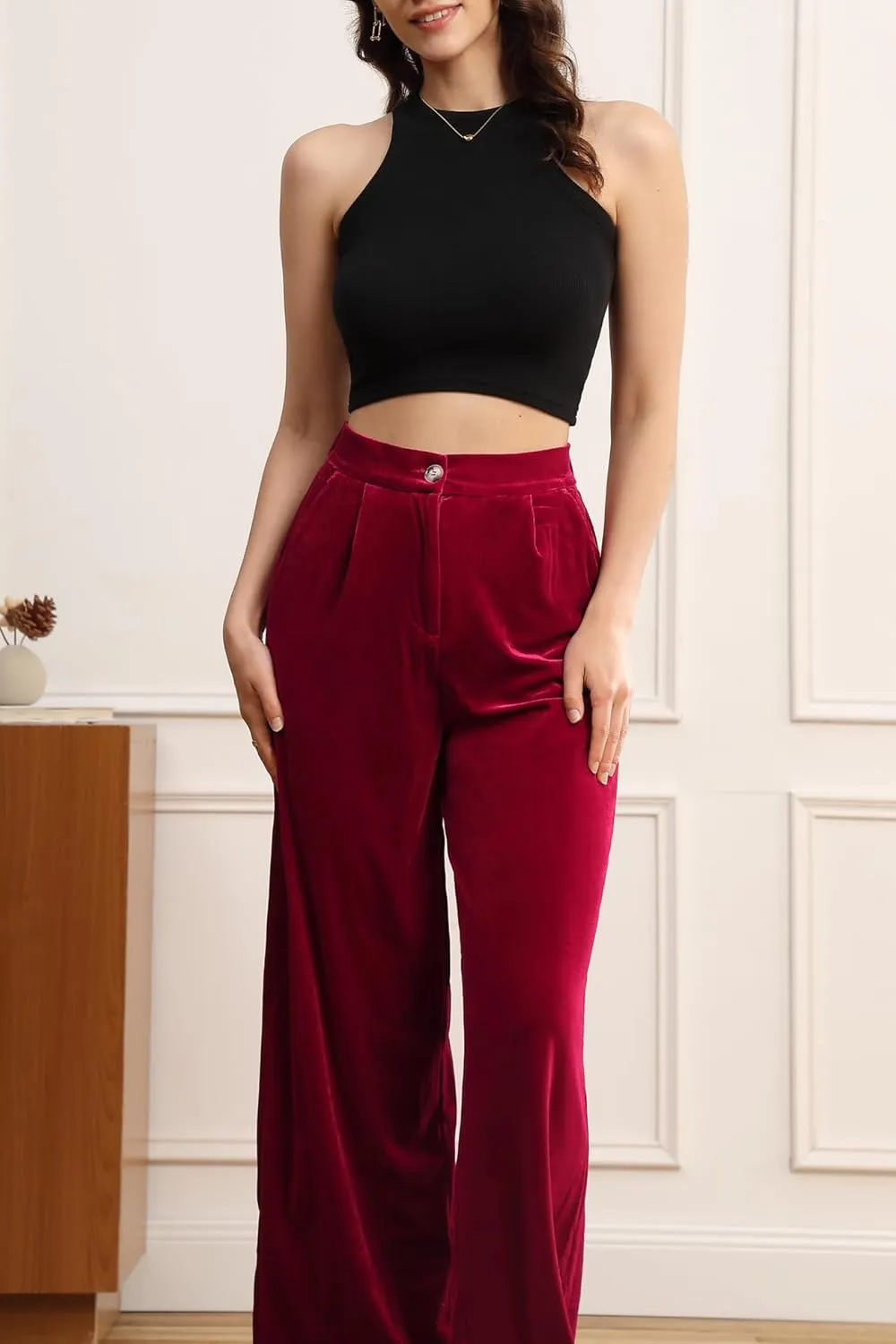 Velius Women's Sexy Velvet Sparkly Wide Leg Pants Trousers Clubwear with Pockets
