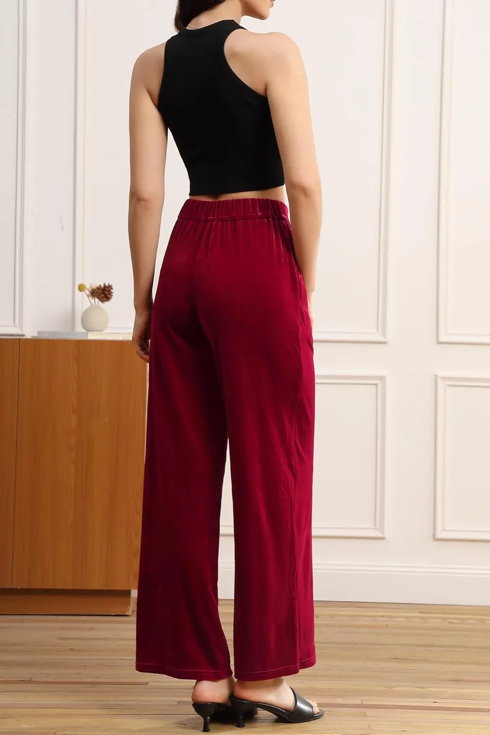 Velius Women's Sexy Velvet Sparkly Wide Leg Pants Trousers Clubwear with Pockets