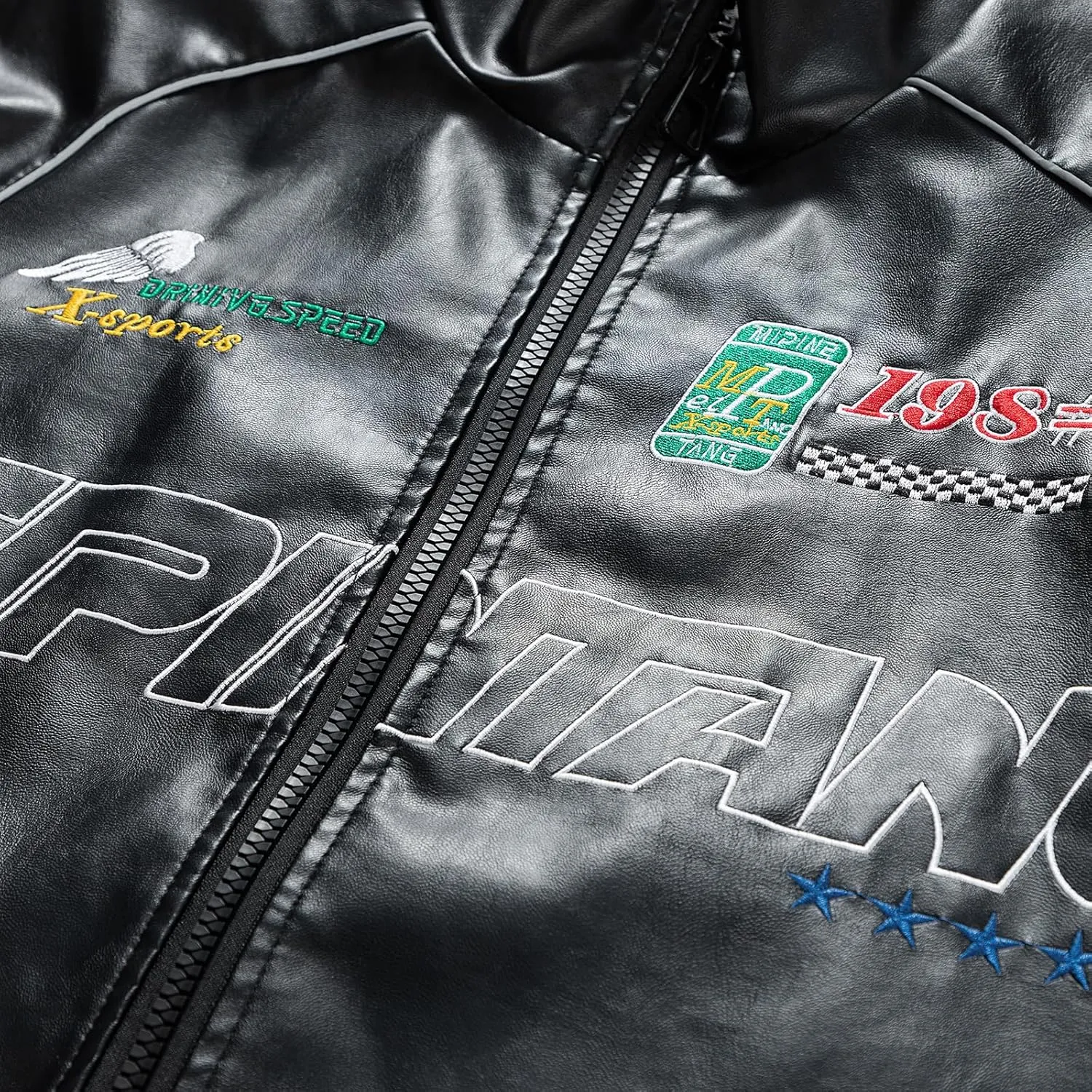 Vintage Style Men'S Baseball Jersey Leather Jacket With Patches, Zipper And Embroidery Men'S Biker Leather Jacket