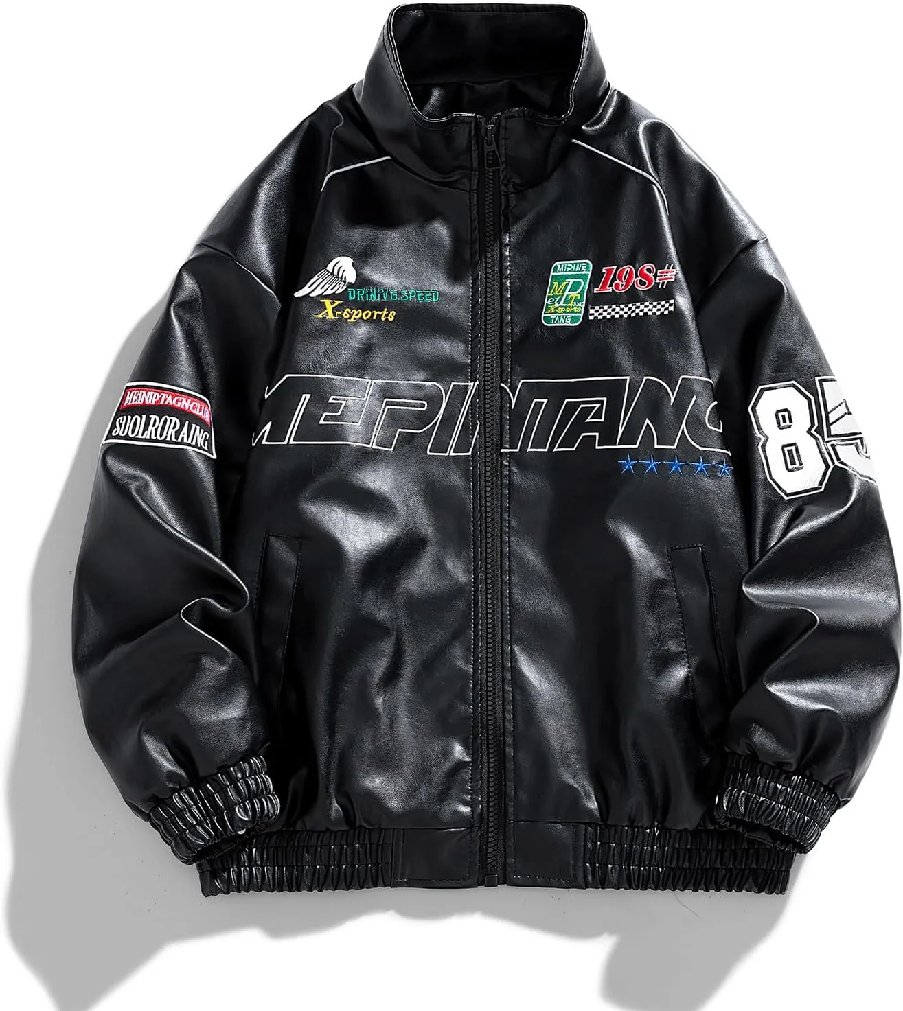 Vintage Style Men'S Baseball Jersey Leather Jacket With Patches, Zipper And Embroidery Men'S Biker Leather Jacket