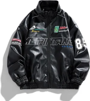 Vintage Style Men'S Baseball Jersey Leather Jacket With Patches, Zipper And Embroidery Men'S Biker Leather Jacket