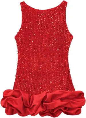 Vsadsau Women's Sleeveless Backless Dress Crewneck Ruffle Layered Slim Party Mini Dresses
