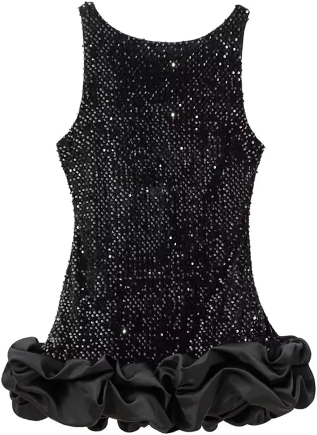 Vsadsau Women's Sleeveless Backless Dress Crewneck Ruffle Layered Slim Party Mini Dresses