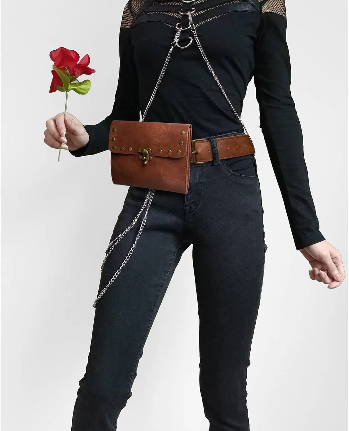Waist Bag Belt Purse Fanny Pack Crossbody Motorcycle Hiking Phone Holder Wallet Vintage Leather Casual Fashion Daypack Gothic Festival Costume Hip Pouch for Women Men (Double-H2)