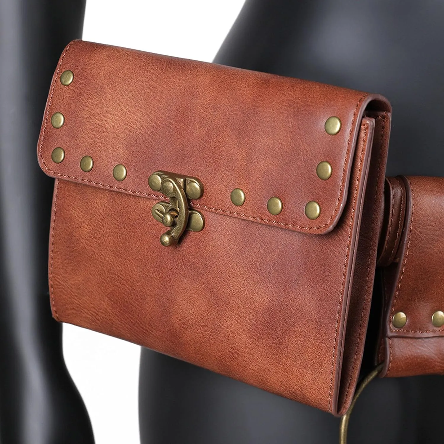 Waist Bag Belt Purse Fanny Pack Crossbody Motorcycle Hiking Phone Holder Wallet Vintage Leather Casual Fashion Daypack Gothic Festival Costume Hip Pouch for Women Men (Double-H2)