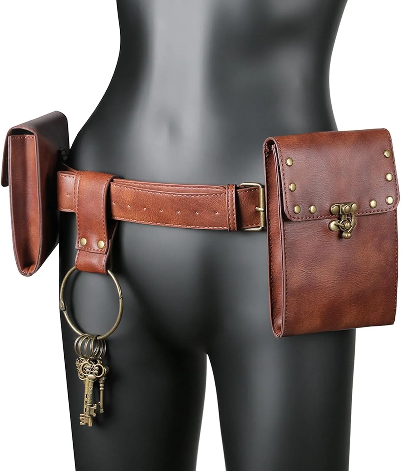 Waist Bag Belt Purse Fanny Pack Crossbody Motorcycle Hiking Phone Holder Wallet Vintage Leather Casual Fashion Daypack Gothic Festival Costume Hip Pouch for Women Men (Double-H2)