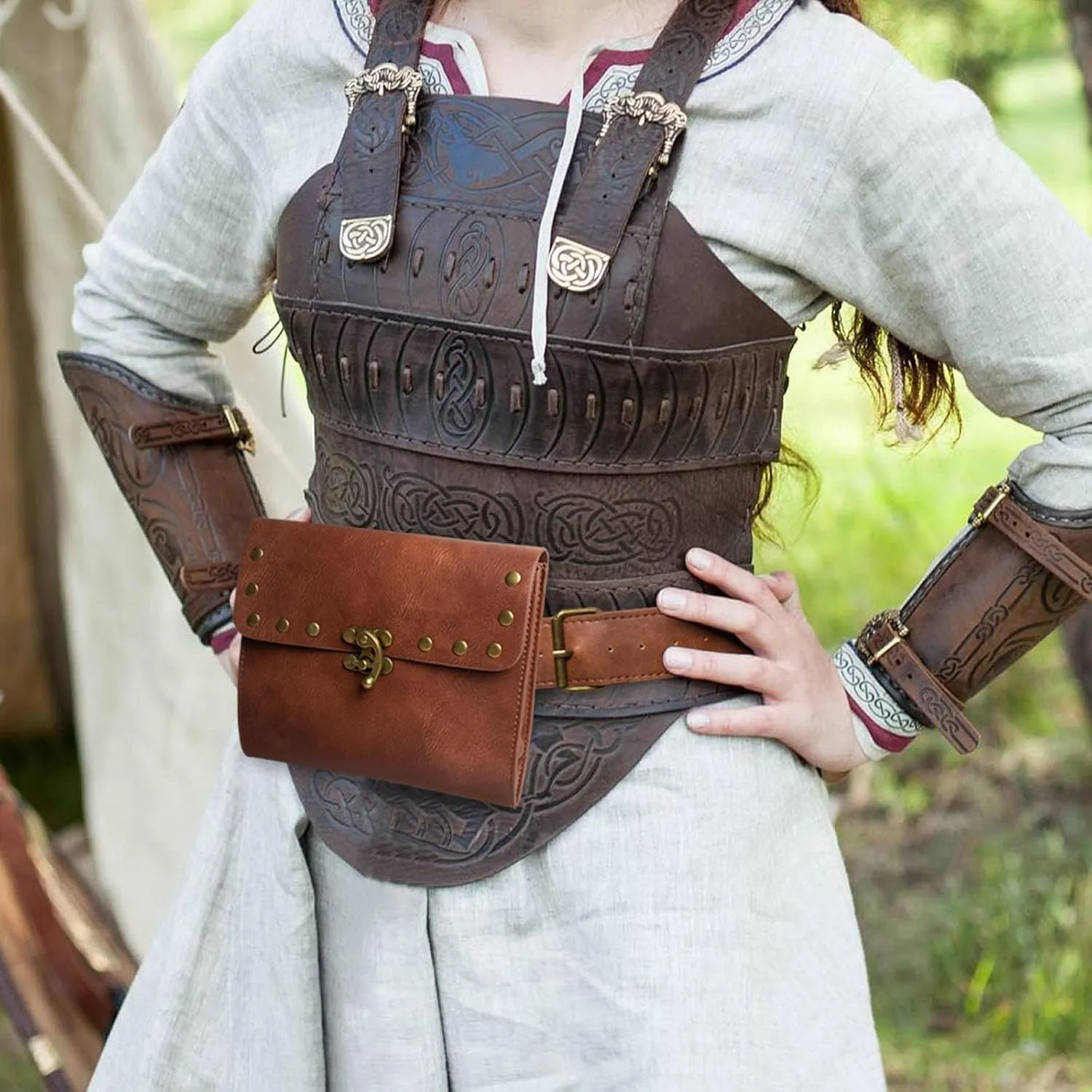 Waist Bag Belt Purse Fanny Pack Crossbody Motorcycle Hiking Phone Holder Wallet Vintage Leather Casual Fashion Daypack Gothic Festival Costume Hip Pouch for Women Men (Double-H2)